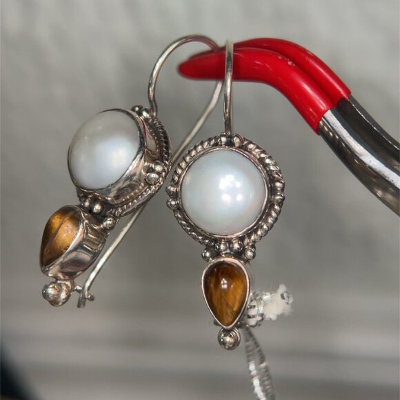 925 Silver Pearl/Tiger Eye Earrings - Picture 4 of 8